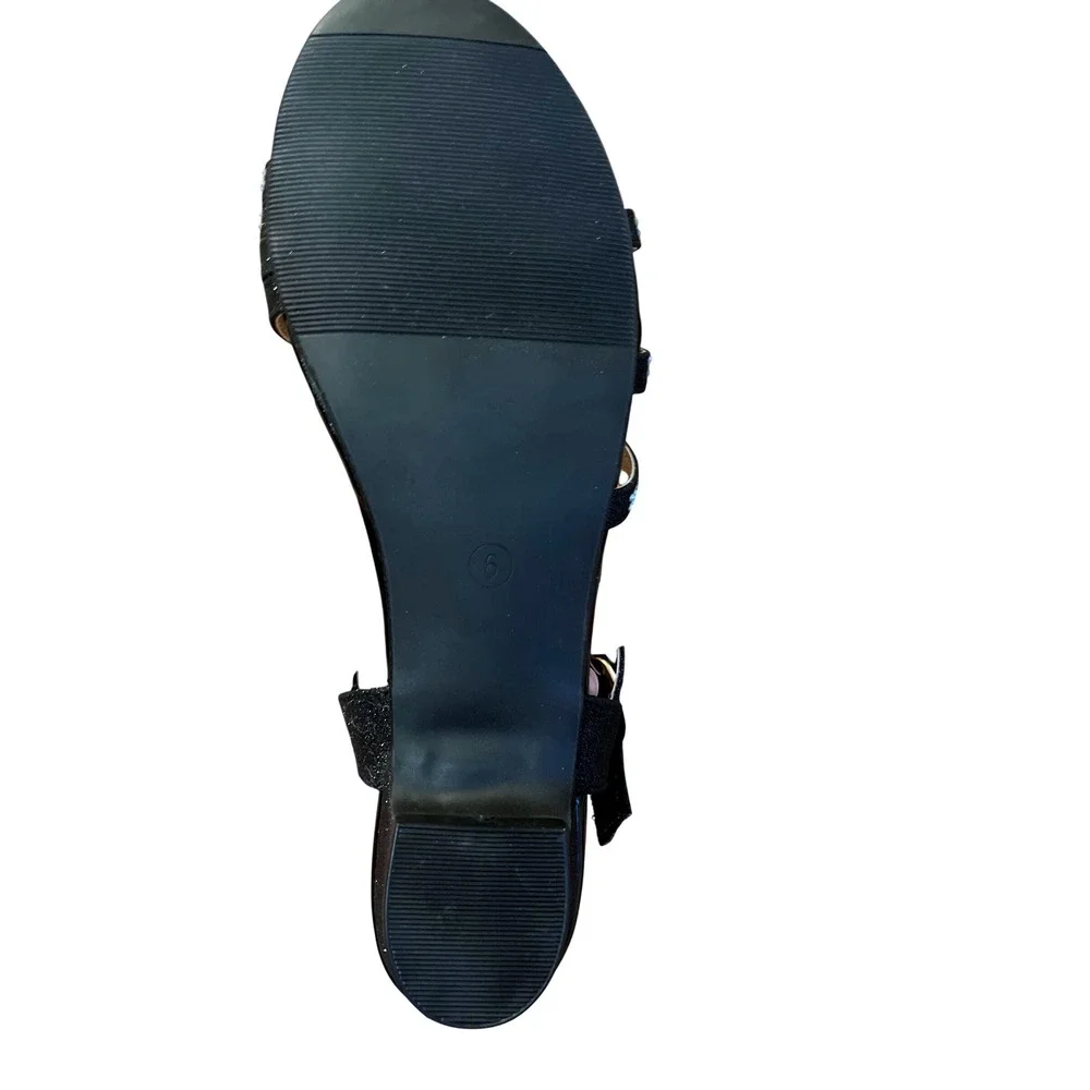 Pandaninija Girls Black Glitter Rhinestone Low Heel Sandals Size‎ 6 NWB